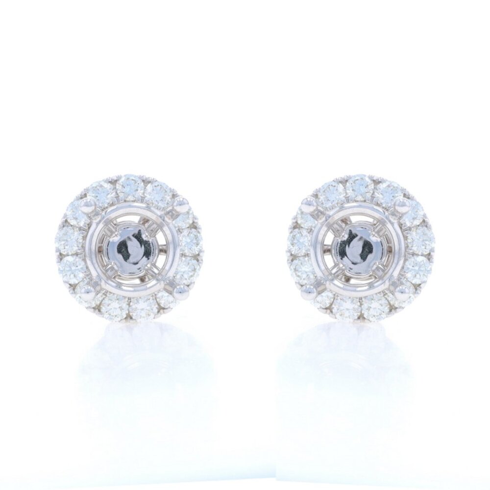 White Gold Diamond Semi-Mount Earrings - 18k Round Brilliant 2.14ctw Studs w/ Ha